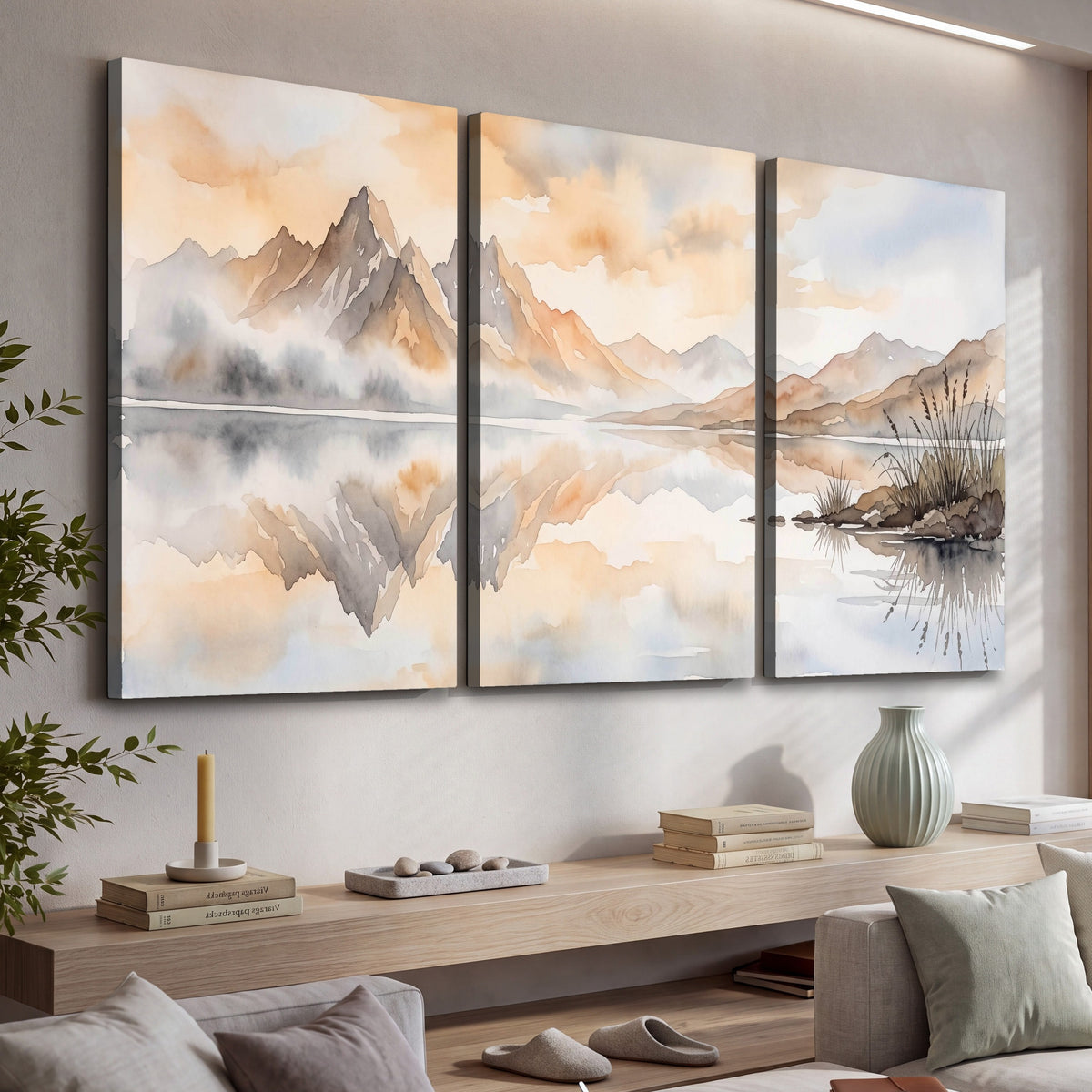 Watercolor mountain lake painting 3 piece canvas wall art in a living room above a console