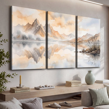 Watercolor mountain lake painting 3 piece canvas wall art in a living room above a console