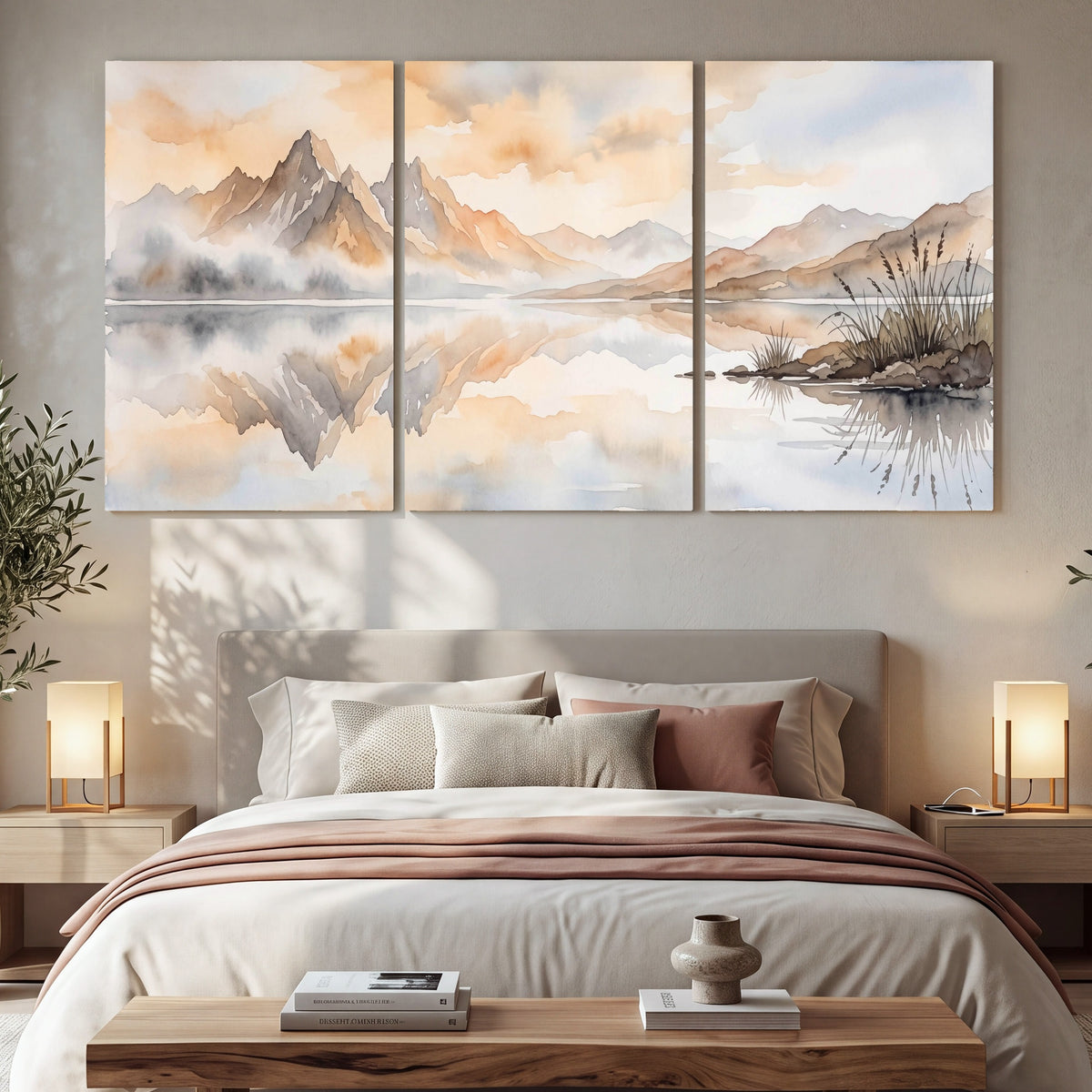 Watercolor mountain lake painting 3 piece canvas wall art in a bedroom above the bed