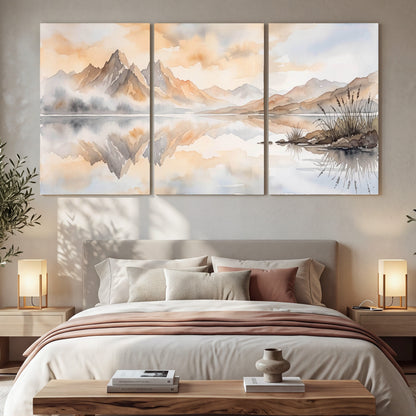 Watercolor mountain lake painting 3 piece canvas wall art in a bedroom above the bed