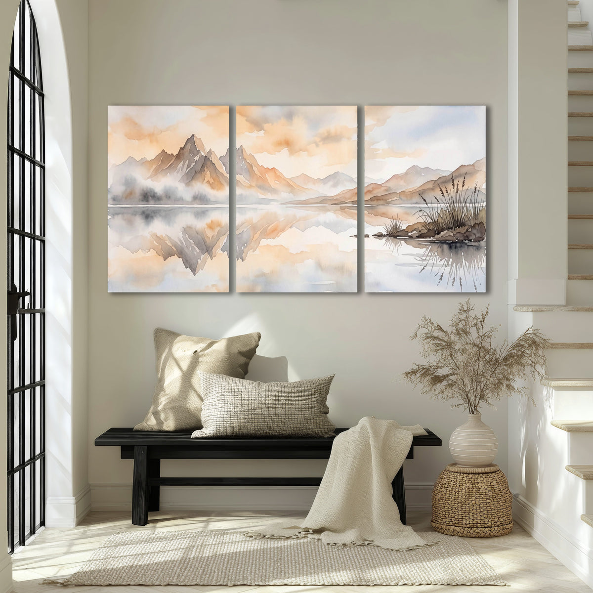 Watercolor mountain lake painting 3 piece canvas wall art in an entryway above a bench