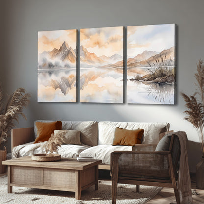 Watercolor mountain lake painting 3 piece canvas wall art in a rustic living room