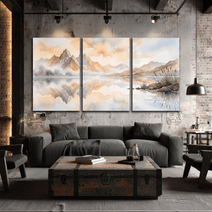 Watercolor mountain lake painting 3 piece canvas wall art in an industrial loft