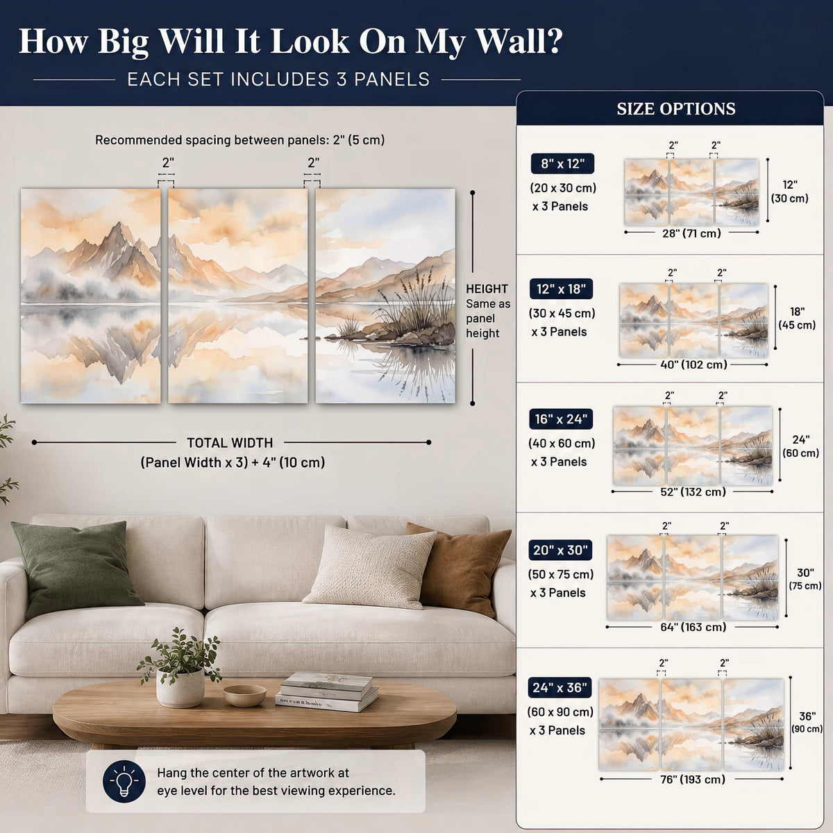 Watercolor mountain lake painting 3 piece canvas wall art size guide above a sofa
