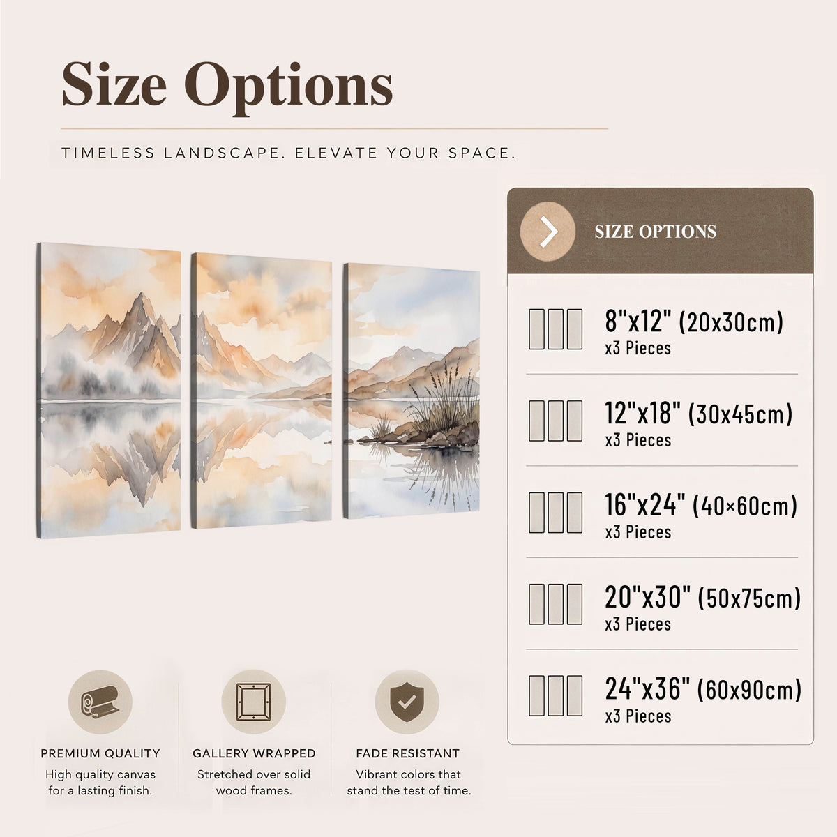 Watercolor mountain lake painting 3 piece canvas wall art size options