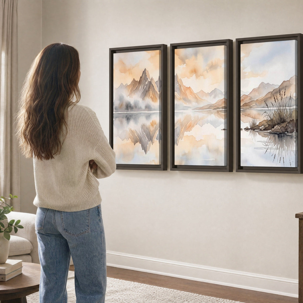 Watercolor mountain lake painting 3 piece framed canvas in a living room