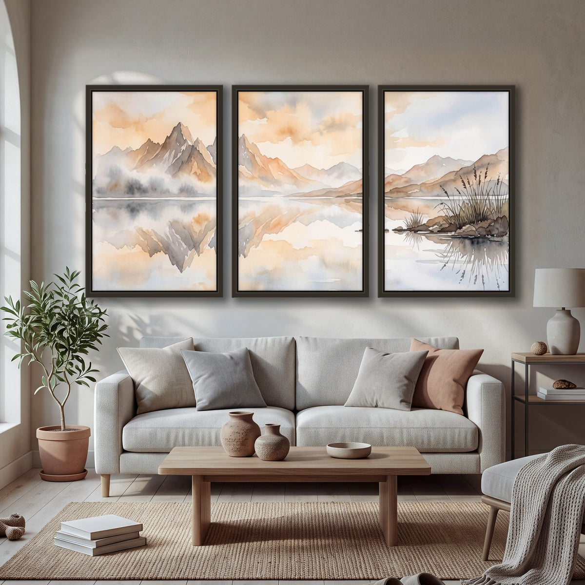 Watercolor mountain lake painting 3 piece framed canvas in a bright living room