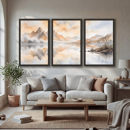 Watercolor mountain lake painting 3 piece framed canvas in a bright living room