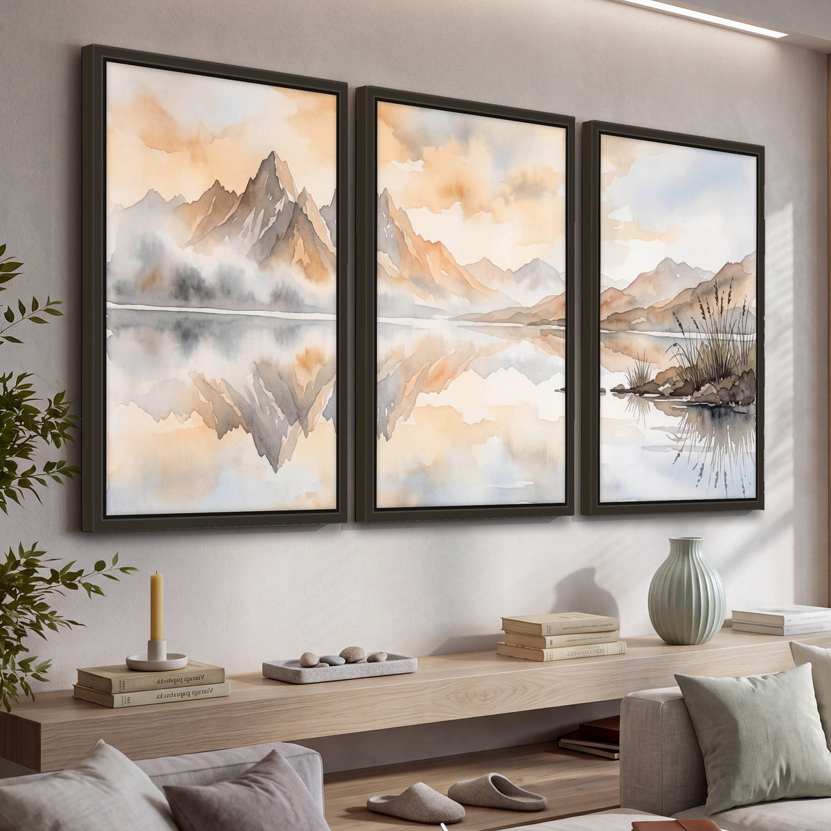 Watercolor mountain lake painting 3 piece framed canvas in a living room above a console