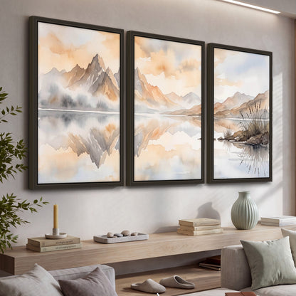 Watercolor mountain lake painting 3 piece framed canvas in a living room above a console