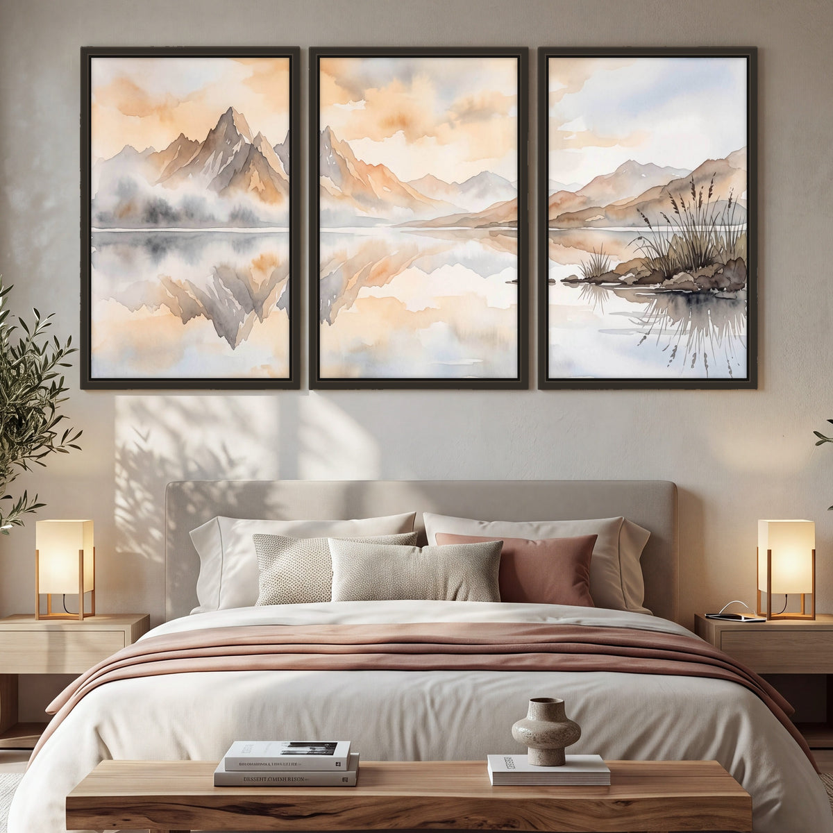 Watercolor mountain lake painting 3 piece framed canvas in a bedroom above the bed