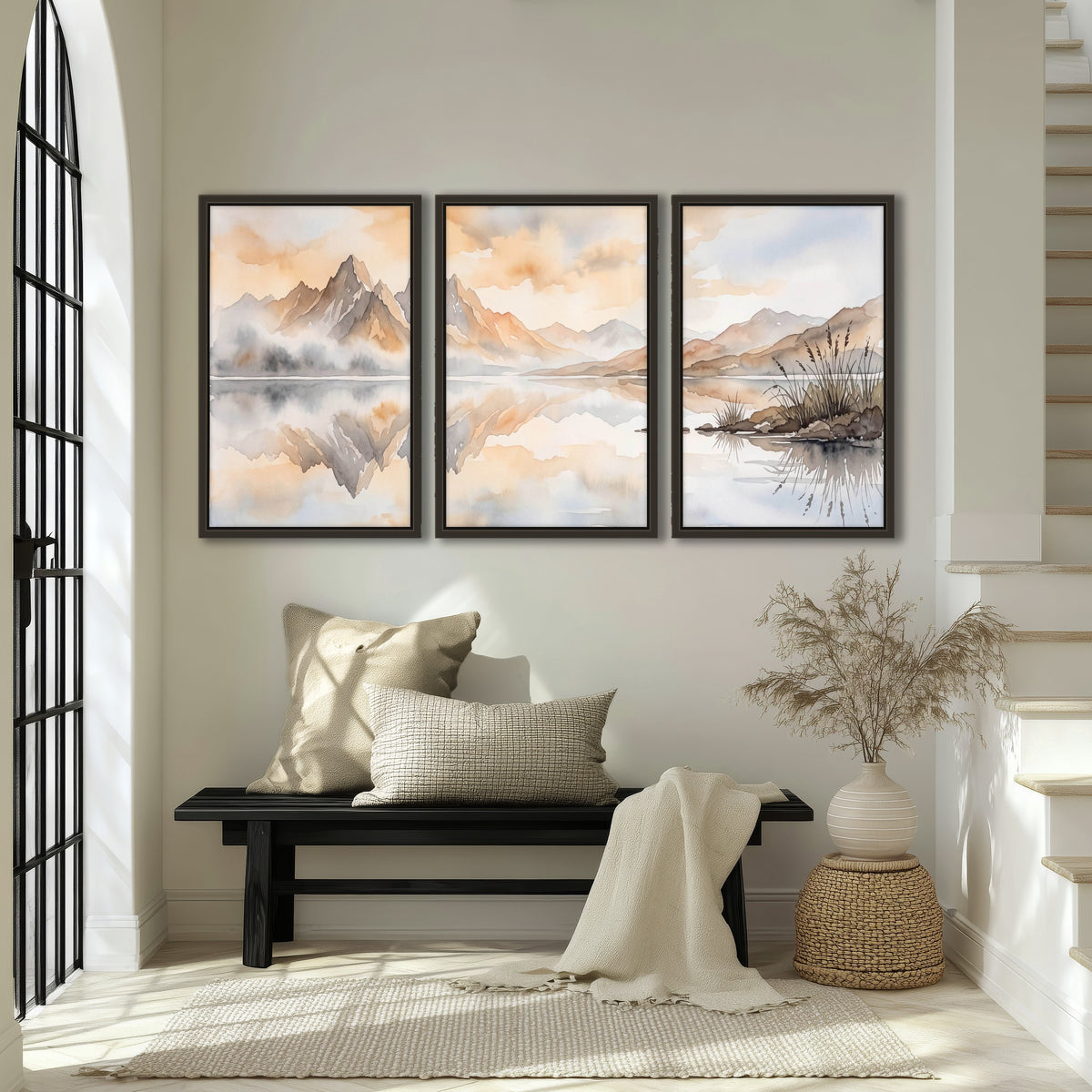 Watercolor mountain lake painting 3 piece framed canvas in an entryway above a bench