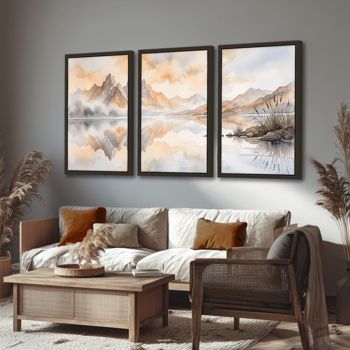 Watercolor mountain lake painting 3 piece framed canvas in a rustic living room