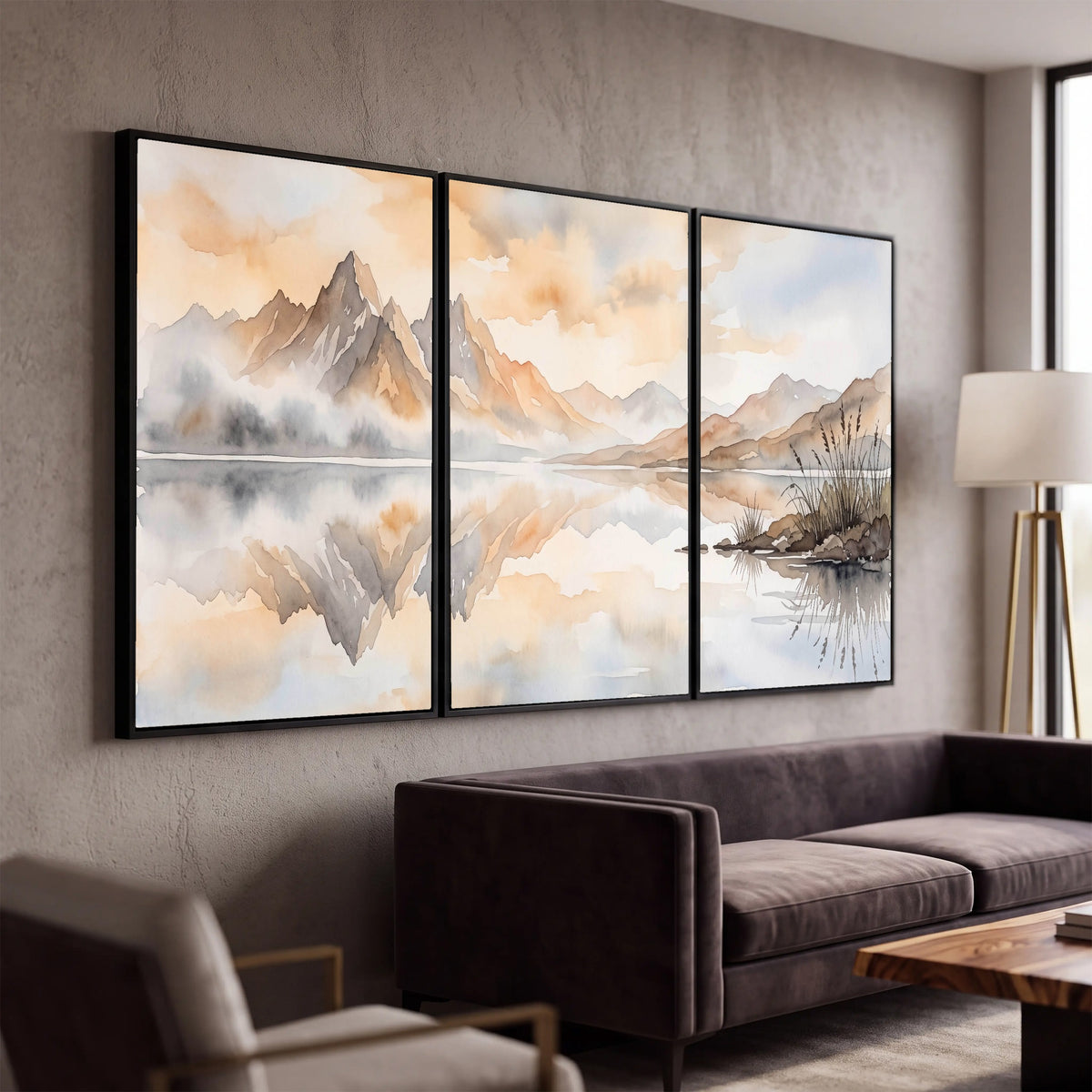 Watercolor mountain lake painting 3 piece framed canvas in a modern living room