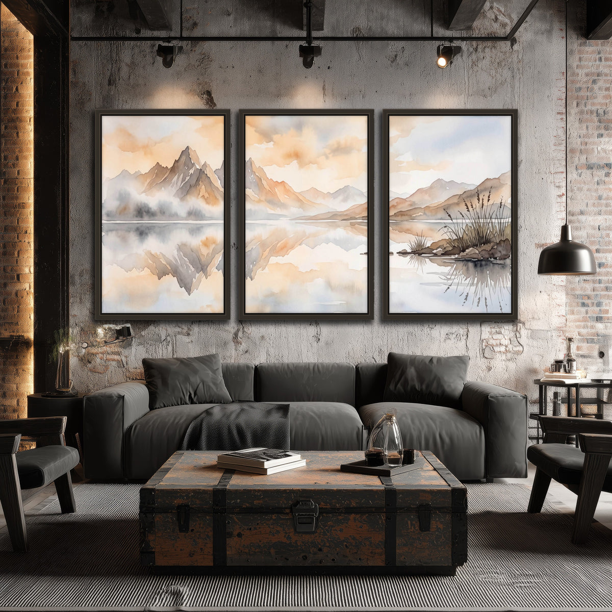 Watercolor mountain lake painting 3 piece framed canvas in an industrial loft
