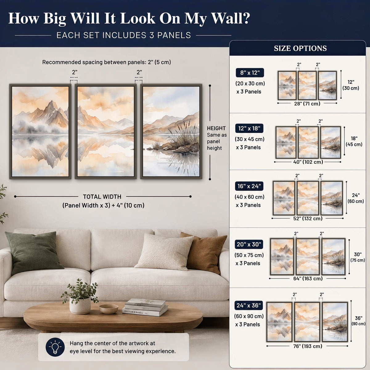 Watercolor mountain lake painting 3 piece framed canvas size guide above a sofa