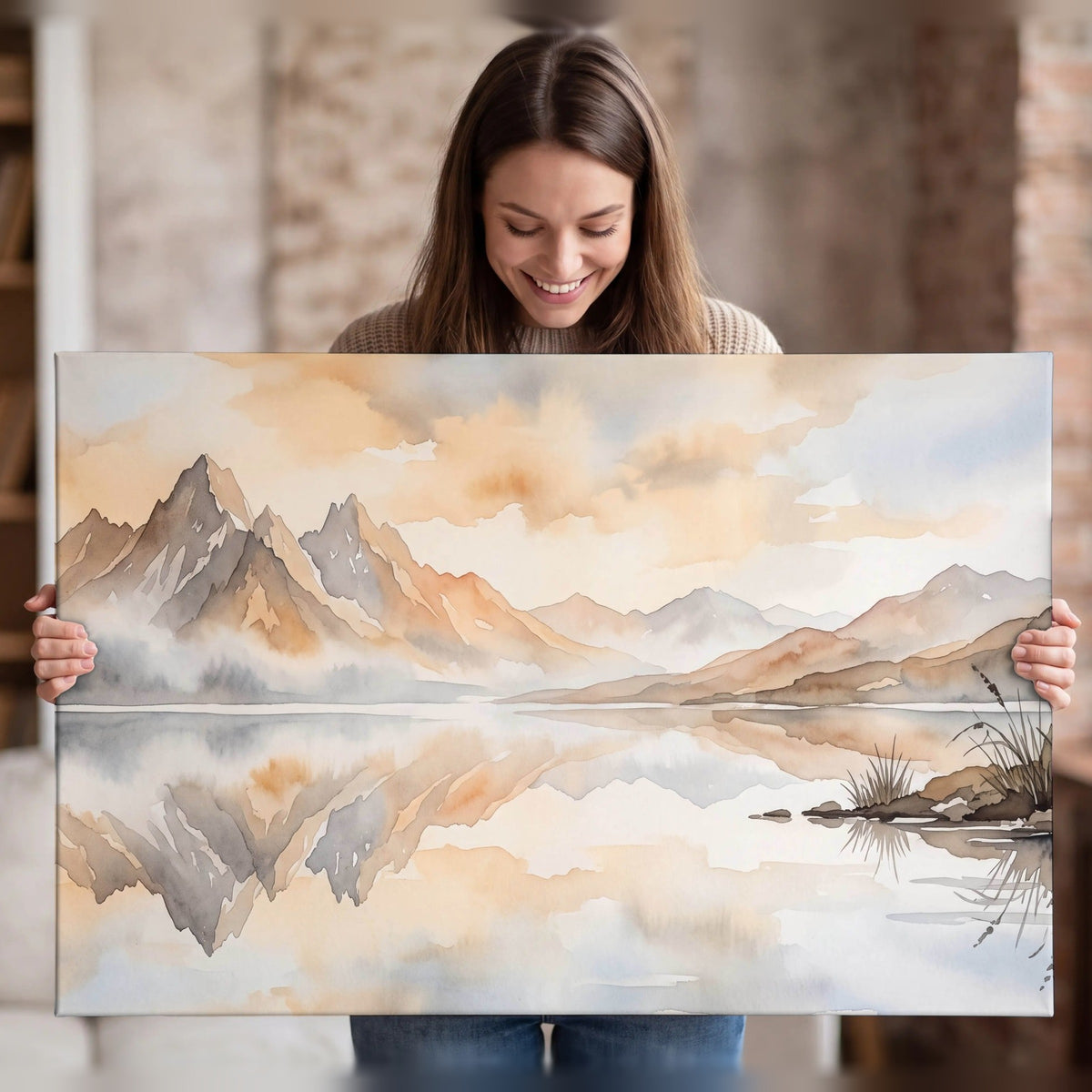 Watercolor mountain lake painting canvas wall art held in hands