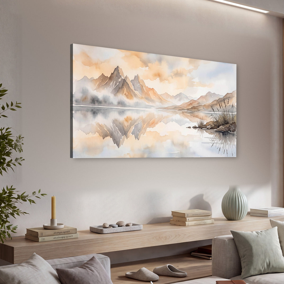 Watercolor mountain lake painting canvas wall art in a living room above a console