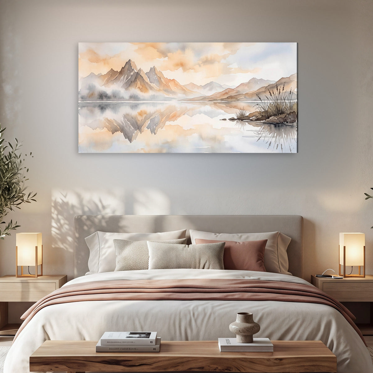 Watercolor mountain lake painting canvas wall art in a bedroom above the bed