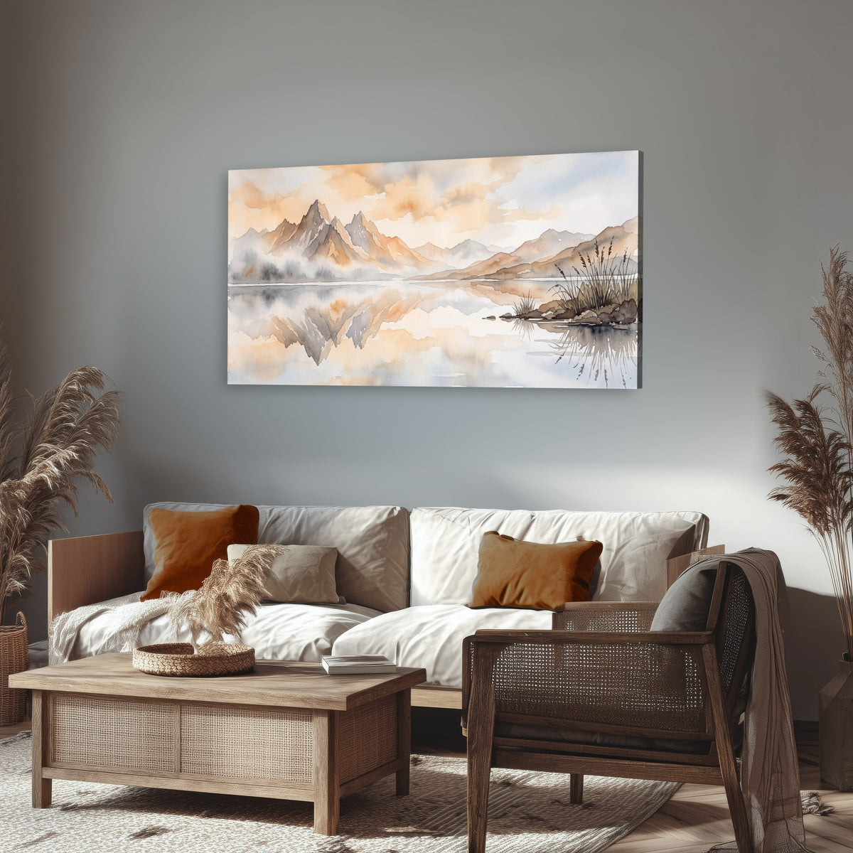 Watercolor mountain lake painting canvas wall art in a rustic living room