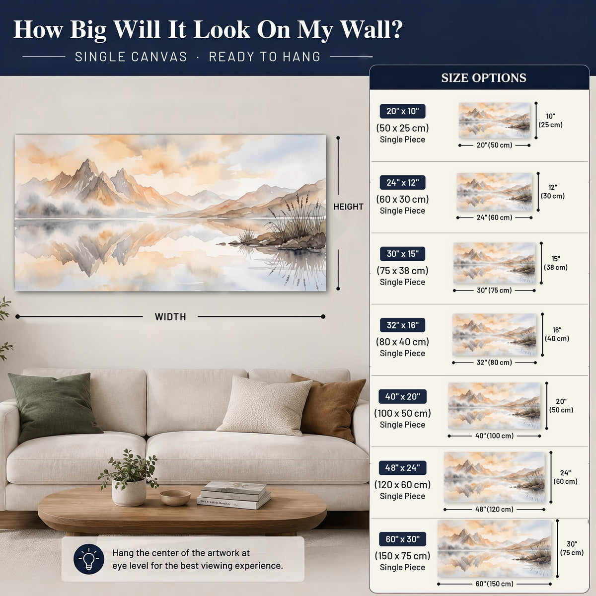 Watercolor mountain lake painting canvas wall art size guide above a sofa