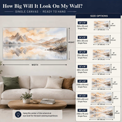 Watercolor mountain lake painting canvas wall art size guide above a sofa