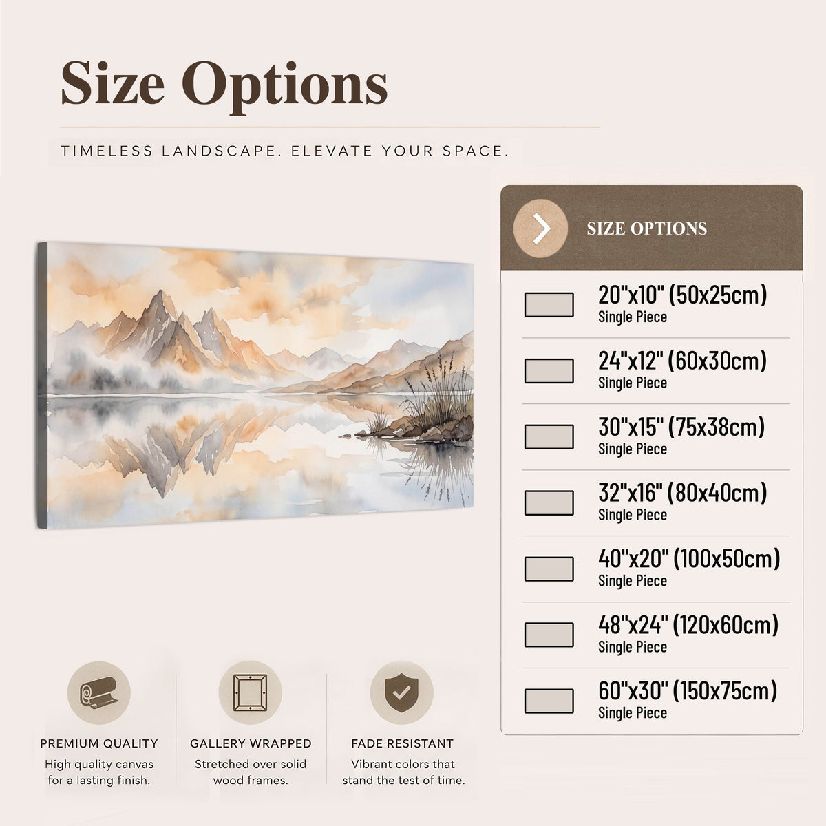 Watercolor mountain lake painting canvas wall art size options