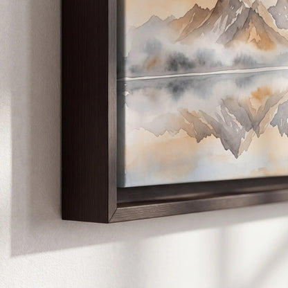 Watercolor mountain lake painting framed canvas close-up showing the floating frame