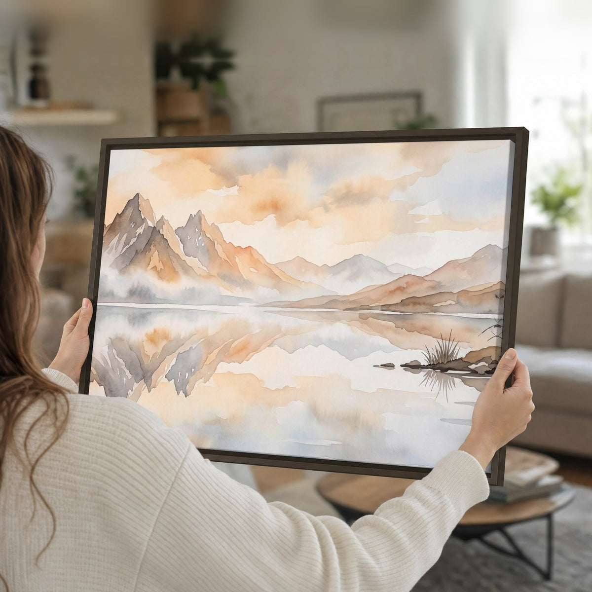 Watercolor mountain lake painting framed canvas held in hands