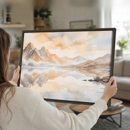 Watercolor mountain lake painting framed canvas held in hands