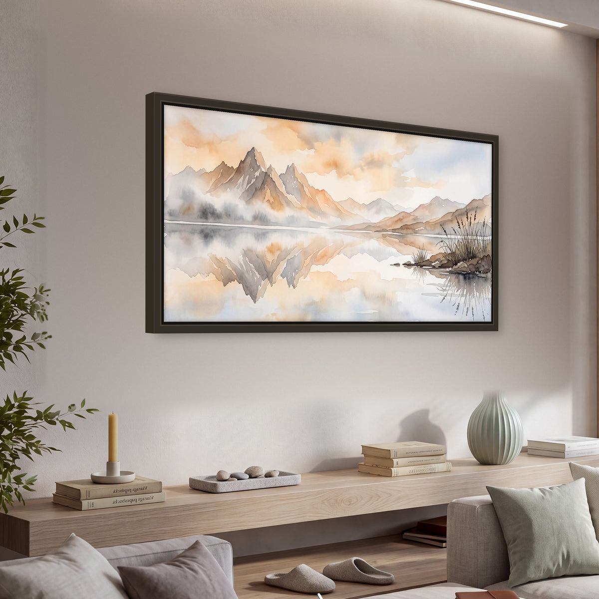 Watercolor mountain lake painting framed canvas wall art in a living room above a console
