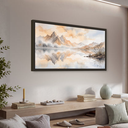 Watercolor mountain lake painting framed canvas wall art in a living room above a console