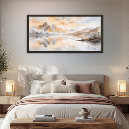 Watercolor mountain lake painting framed canvas wall art in a bedroom above the bed