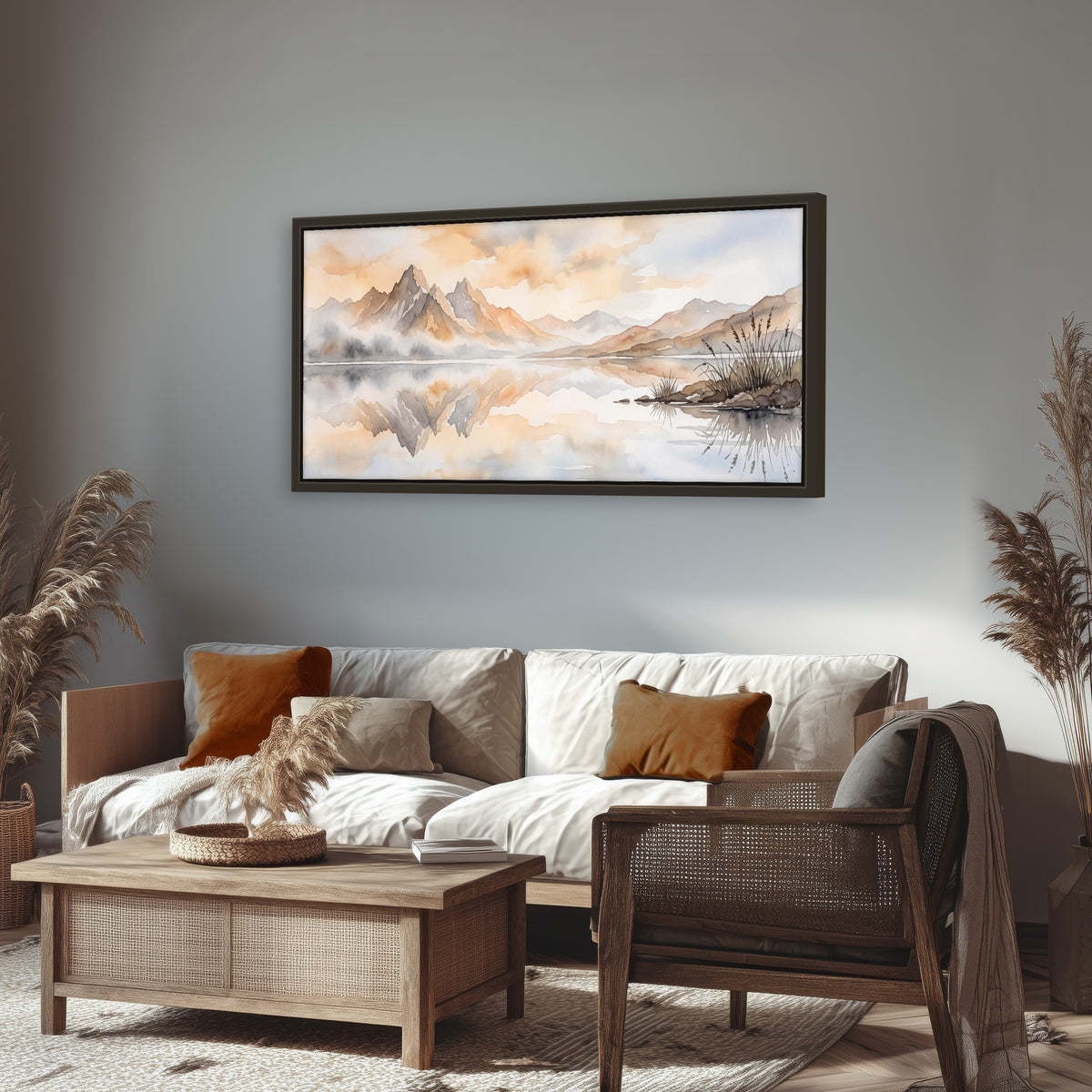 Watercolor mountain lake painting framed canvas wall art in a rustic living room