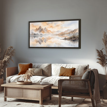 Watercolor mountain lake painting framed canvas wall art in a rustic living room