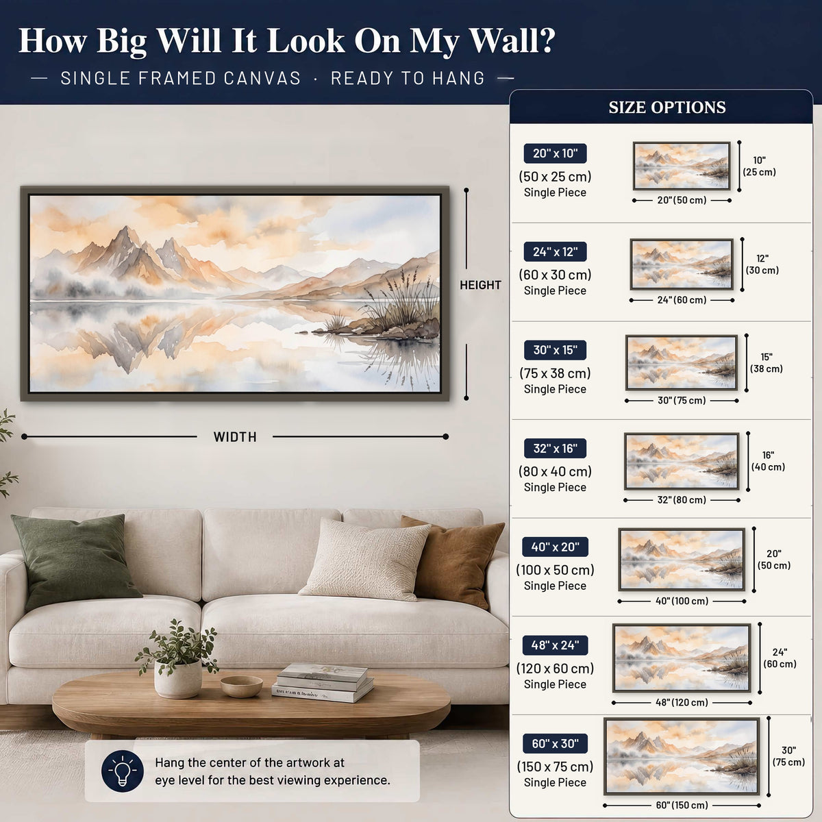 Watercolor mountain lake painting framed canvas wall art size guide above a sofa