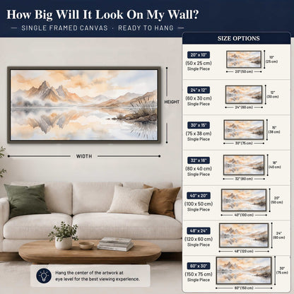 Watercolor mountain lake painting framed canvas wall art size guide above a sofa