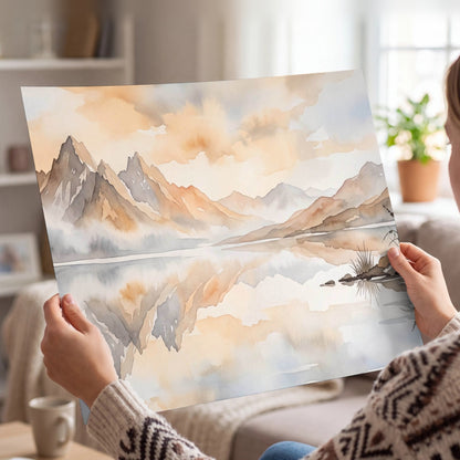 Watercolor mountain lake painting poster print held in hands