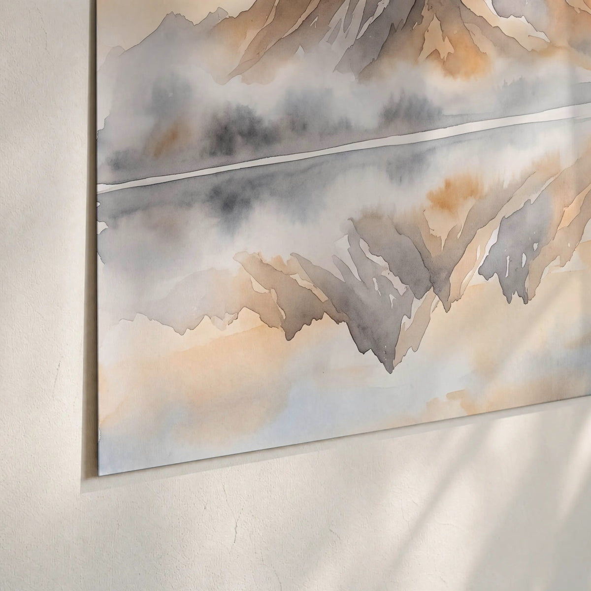 Watercolor mountain lake painting poster print close-up on matte paper