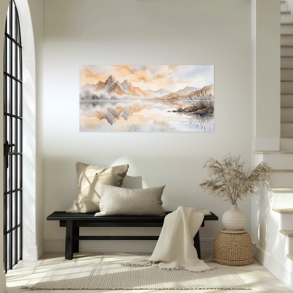 Watercolor mountain lake painting poster print in an entryway above a bench