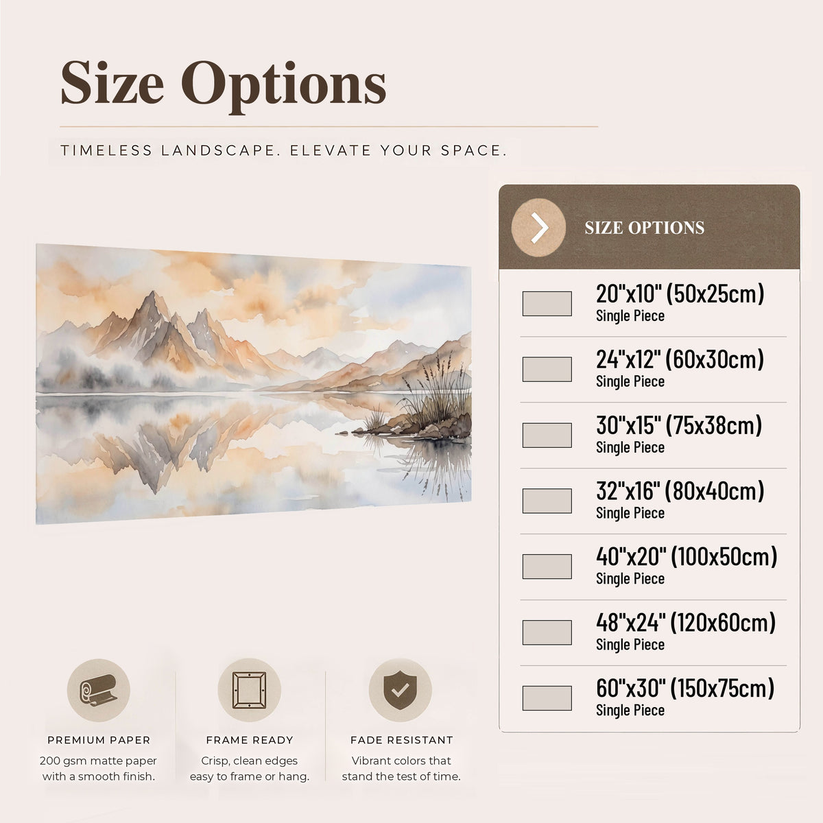 Watercolor mountain lake painting poster print size options