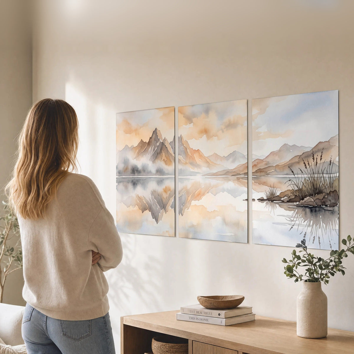 Watercolor mountain lake painting set of 3 poster prints in a living room