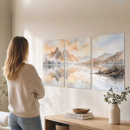 Watercolor mountain lake painting set of 3 poster prints in a living room