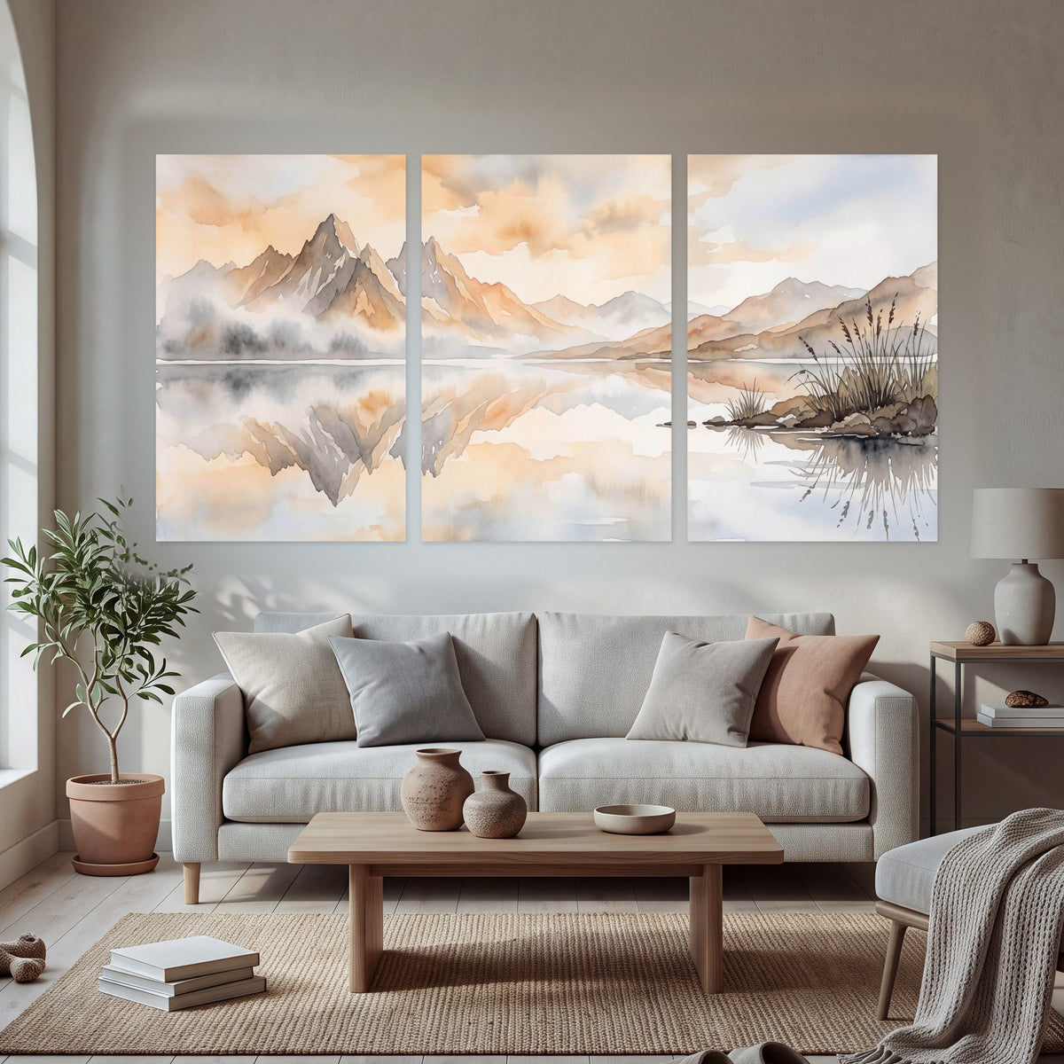Watercolor mountain lake painting set of 3 poster prints in a bright living room