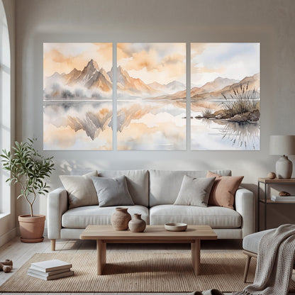 Watercolor mountain lake painting set of 3 poster prints in a bright living room