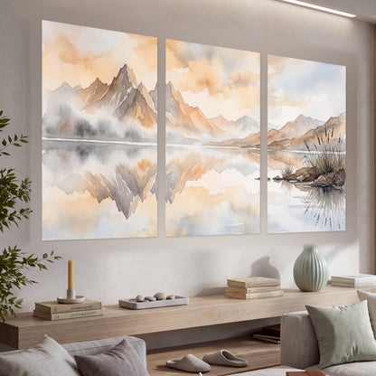 Watercolor mountain lake painting set of 3 poster prints in a living room above a console