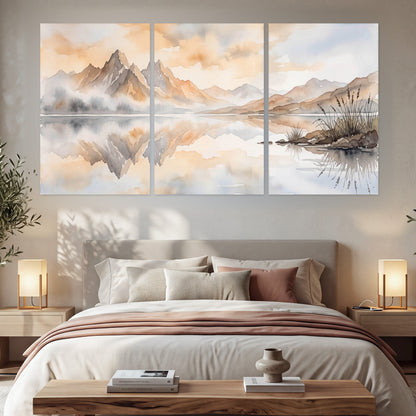 Watercolor mountain lake painting set of 3 poster prints in a bedroom above the bed