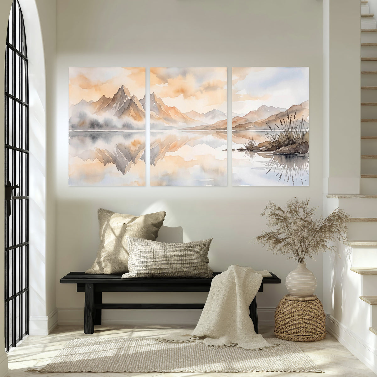 Watercolor mountain lake painting set of 3 poster prints in an entryway above a bench