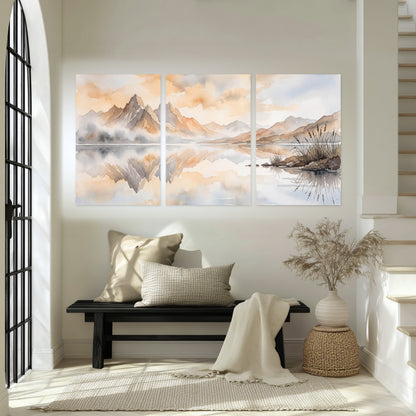 Watercolor mountain lake painting set of 3 poster prints in an entryway above a bench