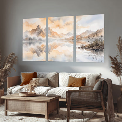 Watercolor mountain lake painting set of 3 poster prints in a rustic living room